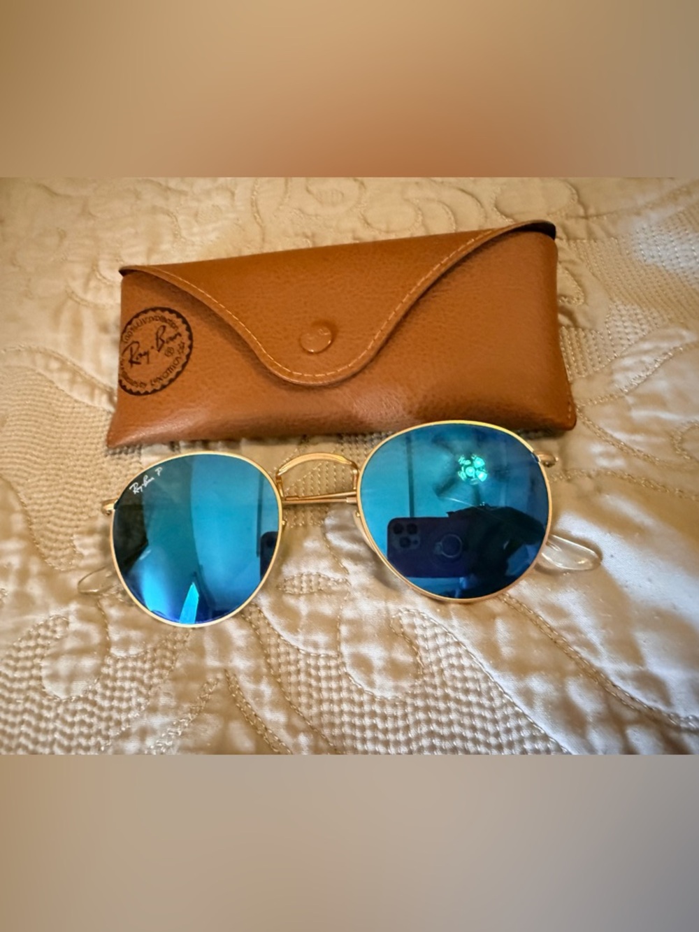 Ray-Ban RB3447 Polarized Blue Flash Round Metal Sunglasses 50mm Gold + Case